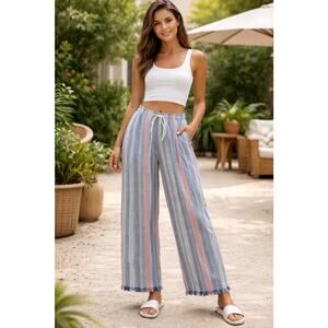 linen blend pants women Raw Hem Striped High Rise Sz. 14/16 Blue